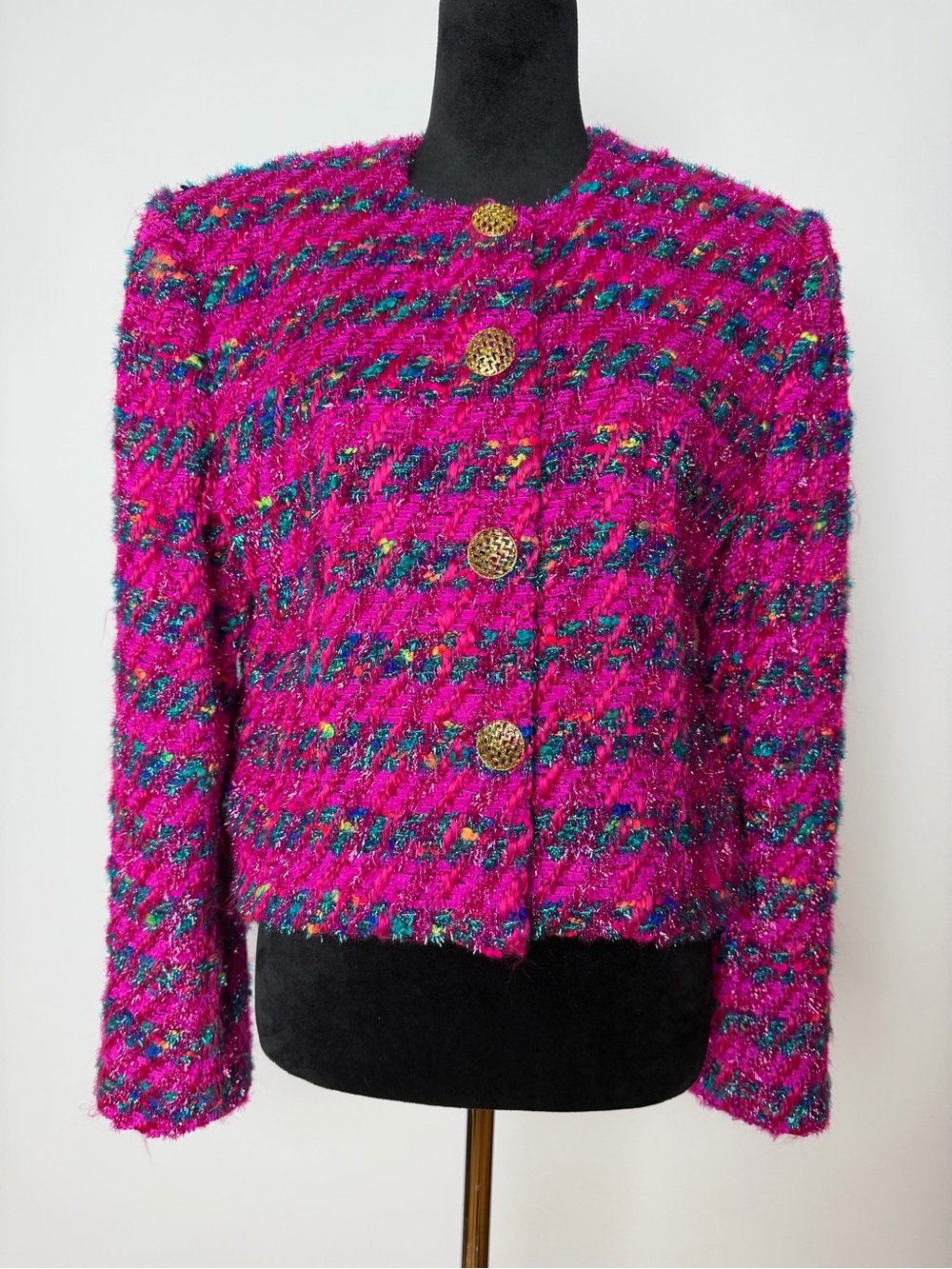 Doncaster Custom Hot Pink Bouclé Jacket with Gold Buttons Size M VTG